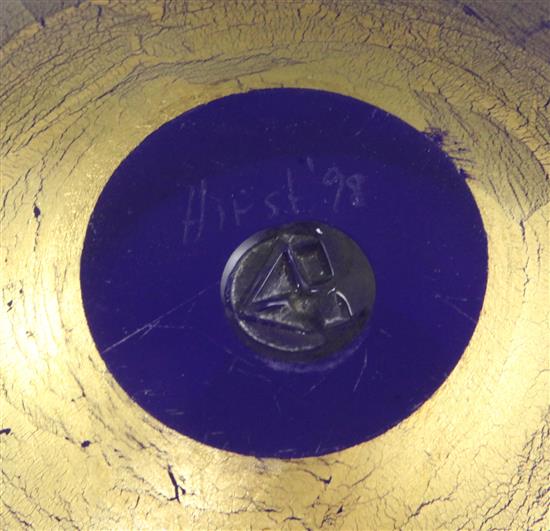 Brian Hirst, Australian b.1956. A gold foil decorated blue glass vase, c.1998, height 23.5cm diameter 24cm